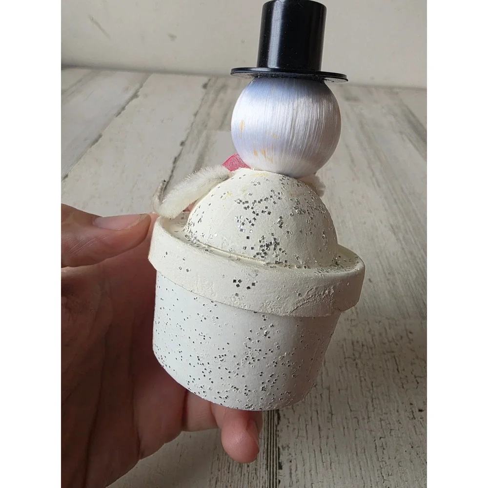Vintage putz candy paper Japan snowman candy container spun glass chenille top